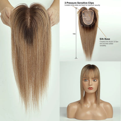 Straight Ombre Brown Remy Human Hair Topper – 100% Silk Base Clip-in Wig with Bangs, Hair Extension for Women