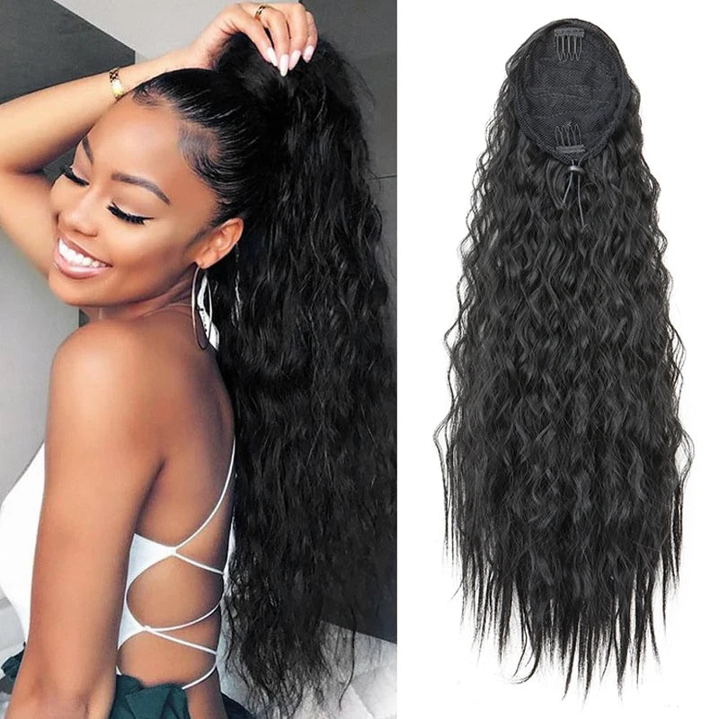 22-Inch Kinky Curly Ponytail Extension - Synthetic Drawstring Clip-In Hairpiece for Women