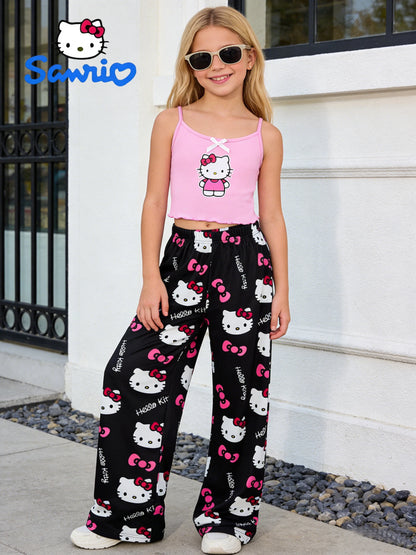 Girls Sanrio Hello Kitty Pants Set - Summer Tank Top & Wide Leg Casual Pants for Outdoor and Home Wear