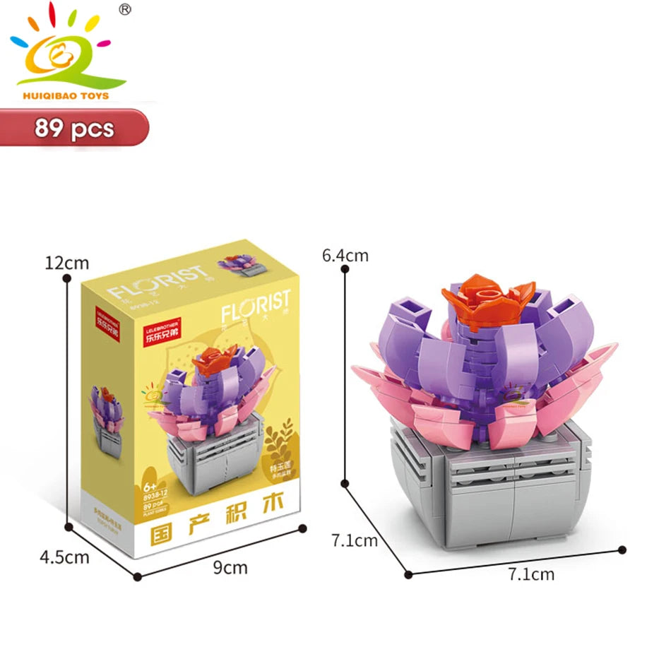 HUIQIBAO MOC Flower & Succulent Potted Building Block Set – DIY Eternal Bouquet, Home Desk Plant Decor, Girls & Kids Toy Gift