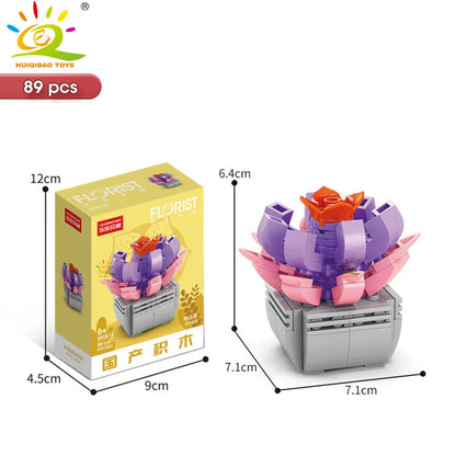 HUIQIBAO MOC Flower & Succulent Potted Building Block Set – DIY Eternal Bouquet, Home Desk Plant Decor, Girls & Kids Toy Gift