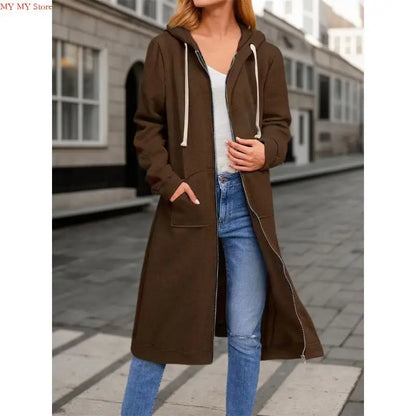 Women's Loose Fit Hooded Coat - Full Zip Long Sleeve Cotton Jacket with Pockets