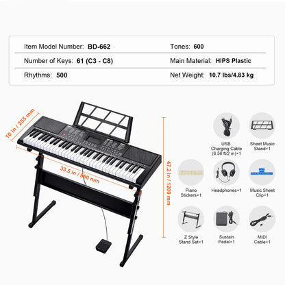 61 Key Digital Piano Keyboard - Portable Electric Piano with Multiple Tones & Rhythms for Beginners