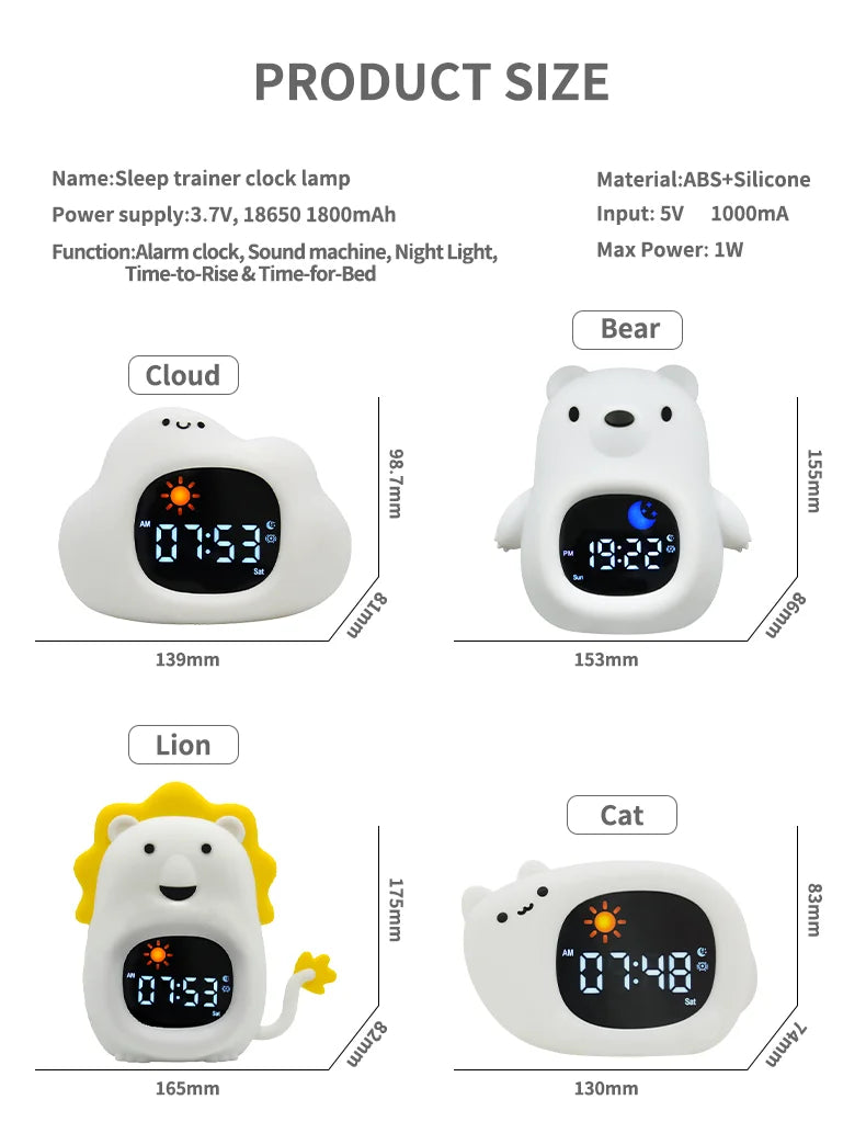 Cat Night Light Alarm Clock – LED Musical Sleep Training Clock for Kids & Babies