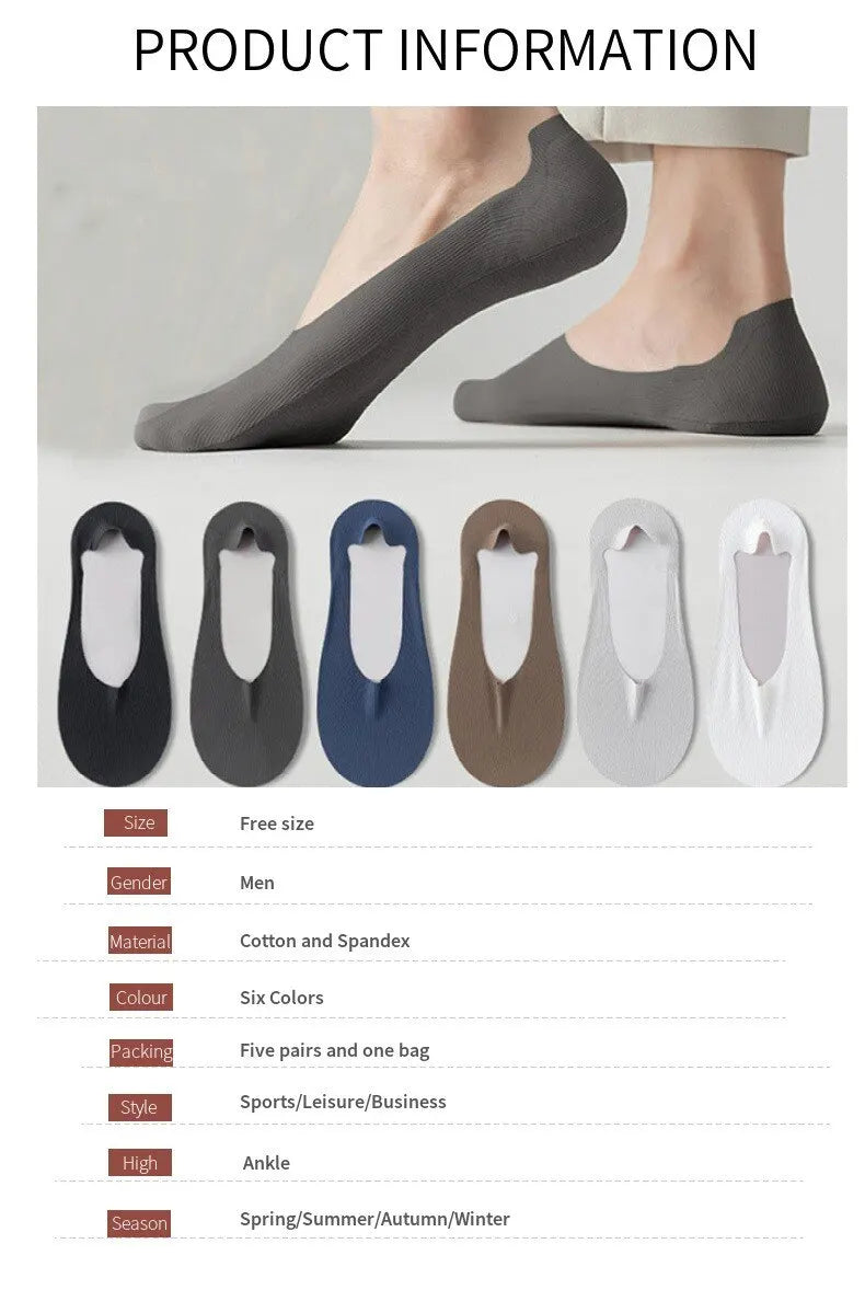 5 Pairs Men's Cotton Boat Socks – Thin, Breathable, Deodorizing No-Show Summer Socks with Non-Slip Silicone Grip