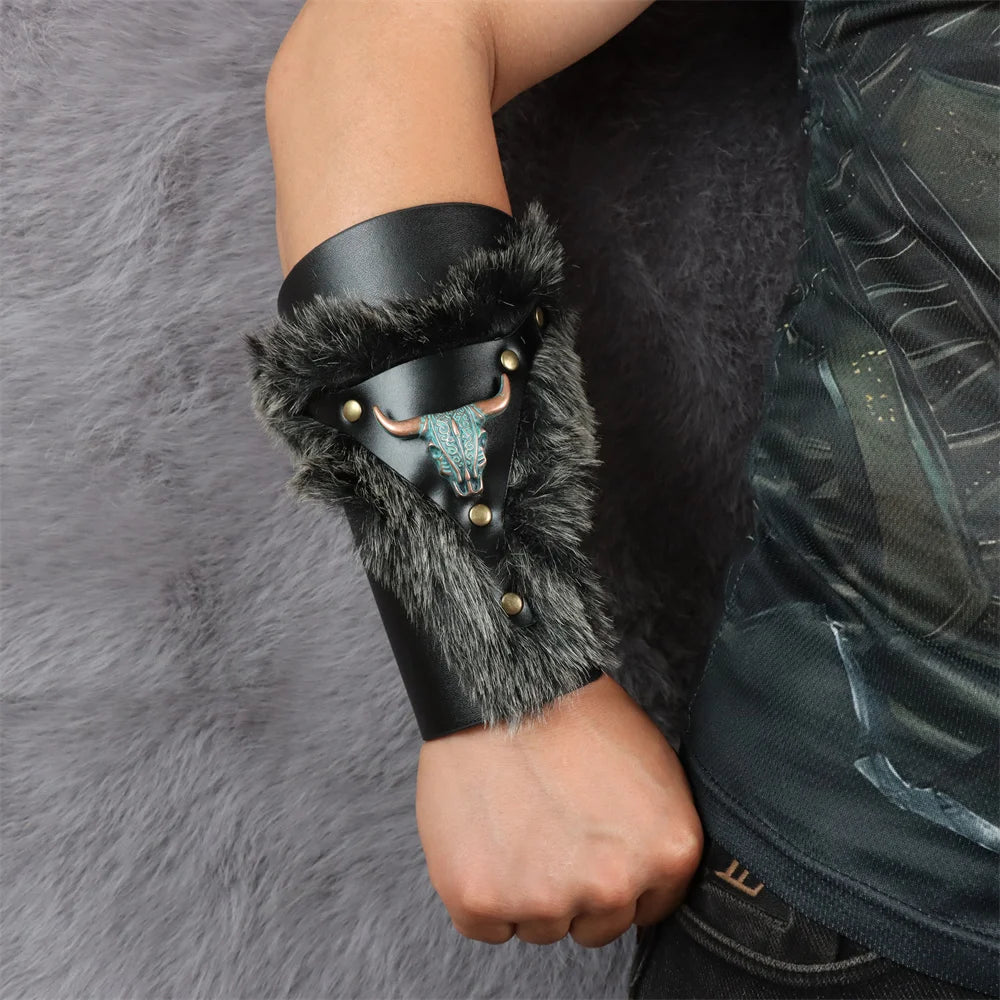 Medieval PU Leather Armor Arm Warmers – Fur Trim Bracer, Lace-Up Viking Knight Gauntlet Wristband Cosplay Props