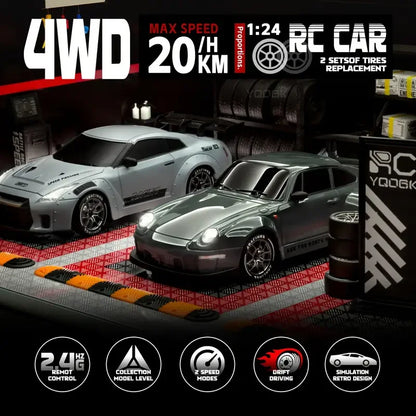 1:24 4WD RC Drift Car – High-Speed 20KM/H Remote Control Racing Toy with Turbo, 2-Speed & LED Lights for Kids & Adults
