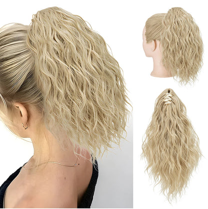 13-Inch Premium Synthetic Curly Claw Clip Ponytail – Blonde Brown Short Hairpiece, Fake Hair Extensions P064