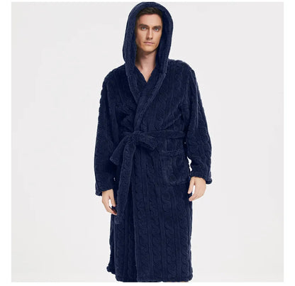 Men’s Fall & Winter Warm Hooded Robe – Thickened Cotton Velvet Jacquard Homewear for Couples