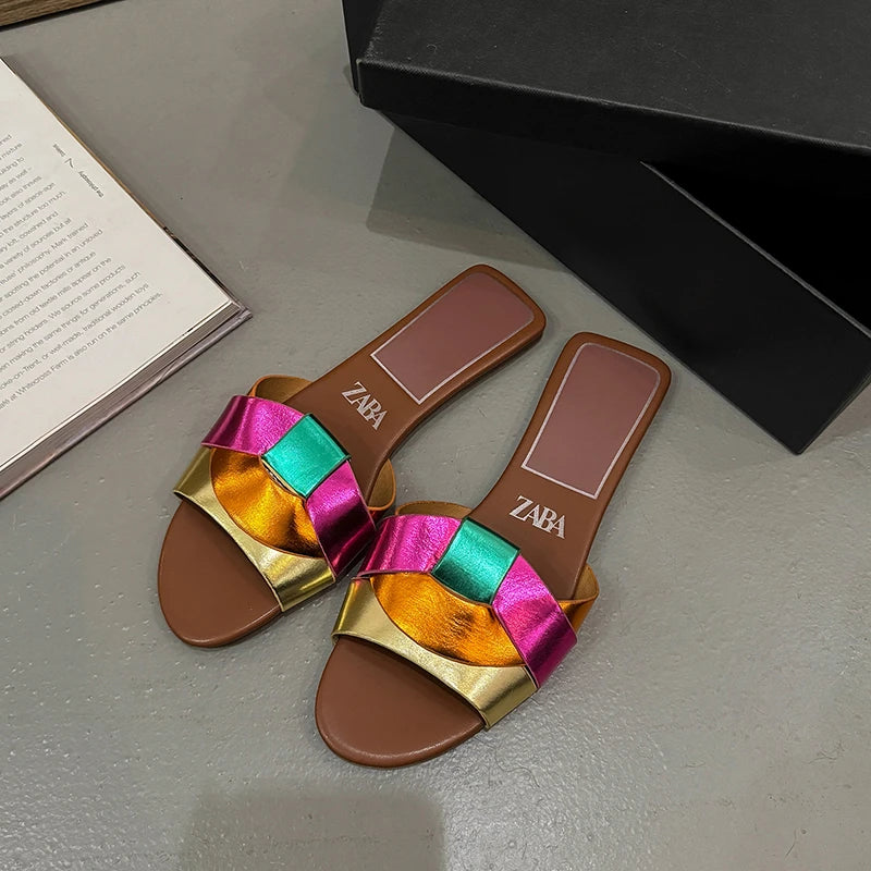 2025 Summer Women's Designer Open Toe Woven Flat Slippers – Comfortable Casual Shoes
