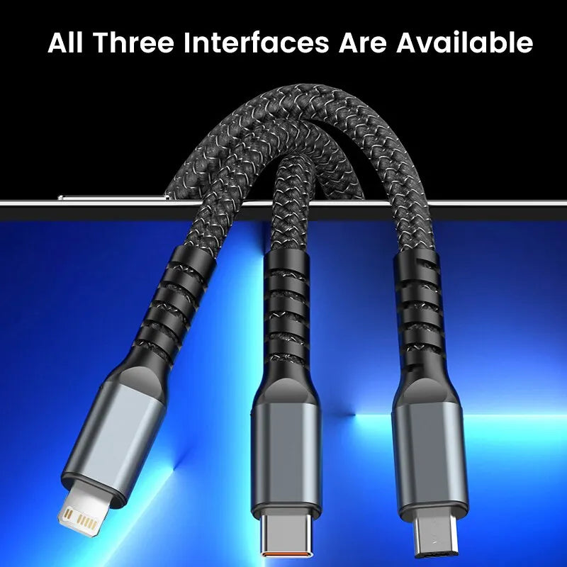 3-in-1 Fast Charging USB to Type-C Micro Charger Cable - 100W, 5A Compatible with iPhone 14, 13, Samsung, Xiaomi, Huawei
