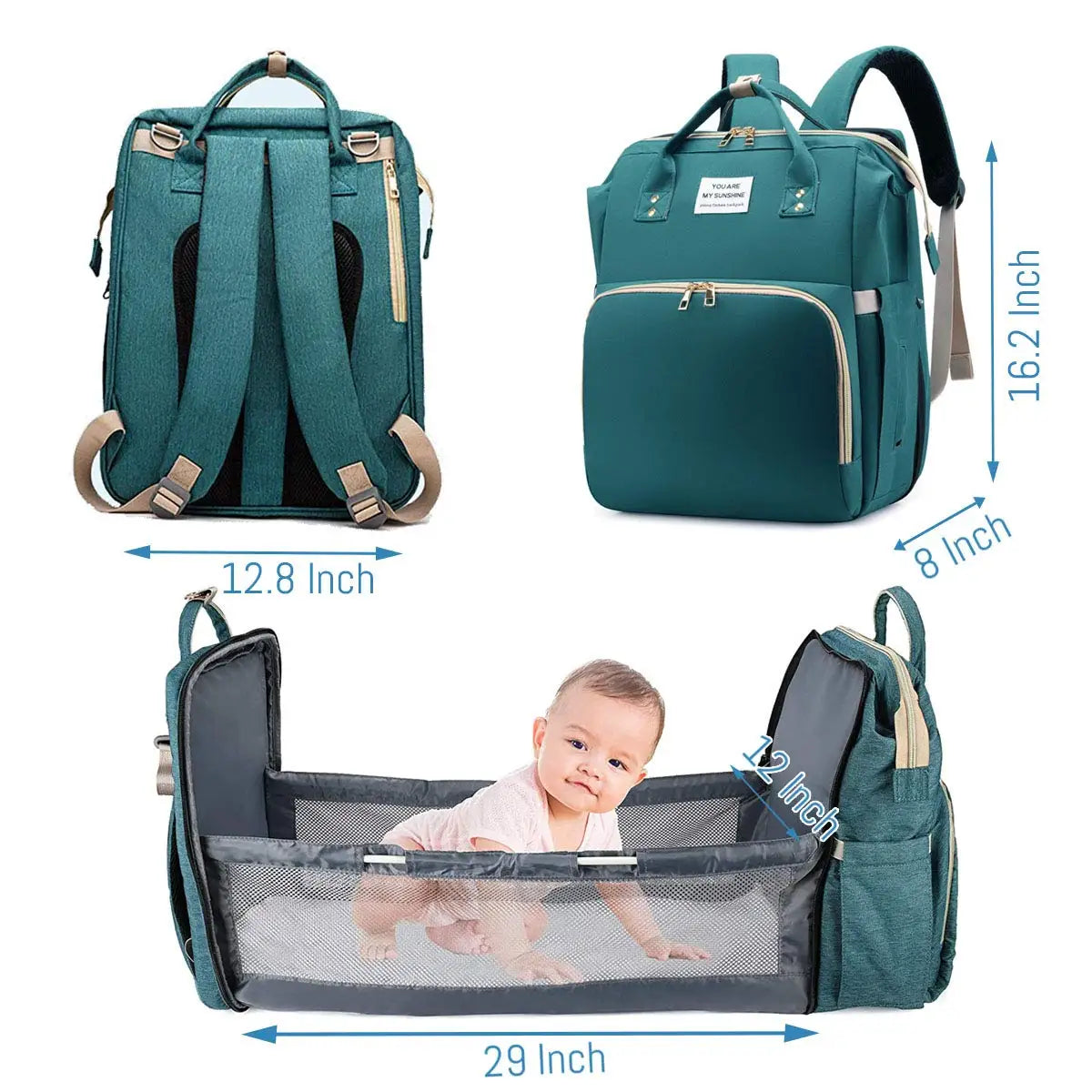 3-in-1 Diaper Bag Backpack – Waterproof Travel Bag with Foldable Baby Bed & USB Charging