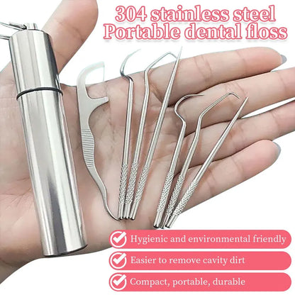 7pcs Stainless Steel Toothpick Set: Reusable Tooth Flossing Picks for Oral Cleaning - Portable Teeth Cleaner Kit