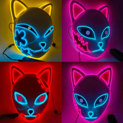 Demon Slayer LED Light-Up Mask – Glowing Anime Cat & Fox Face Cosplay Mask for Halloween, Parties & Costumes
