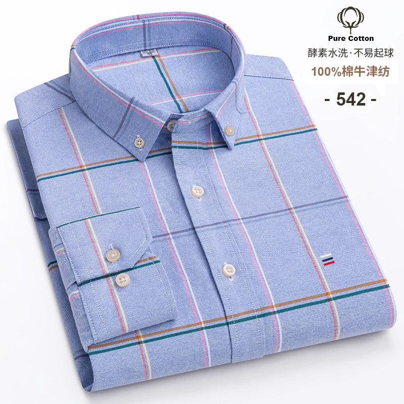 Men's 100% Cotton Oxford Plaid Shirt - Soft Regular Fit Long Sleeve Formal Dress Shirt with Pocket S-7XL