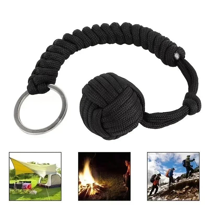Monkey Fist Steel Ball Keychain – Self-Defense Survival Lanyard with Braided Rope for Outdoor Safety