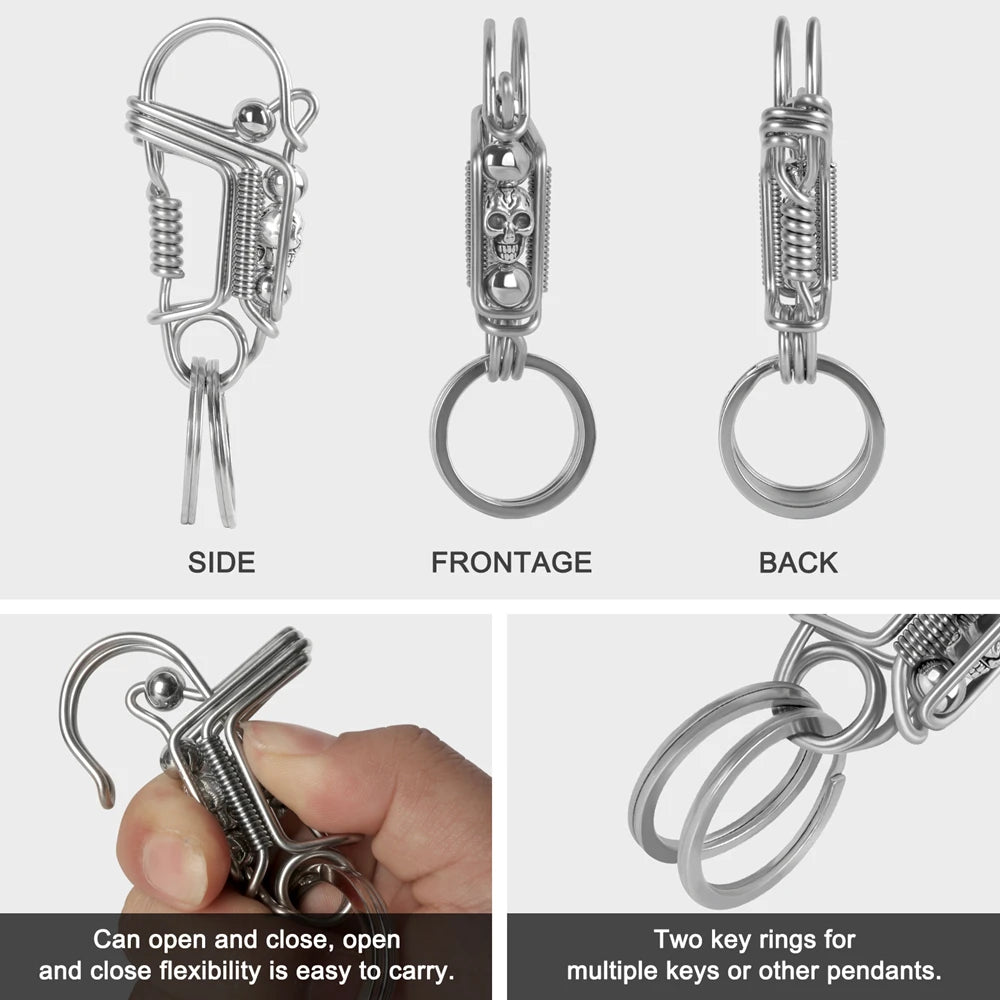 Stainless Steel Skull Keychain — Handmade Matte Round Bead Charm, Mechanical Car Key Ring for Men
