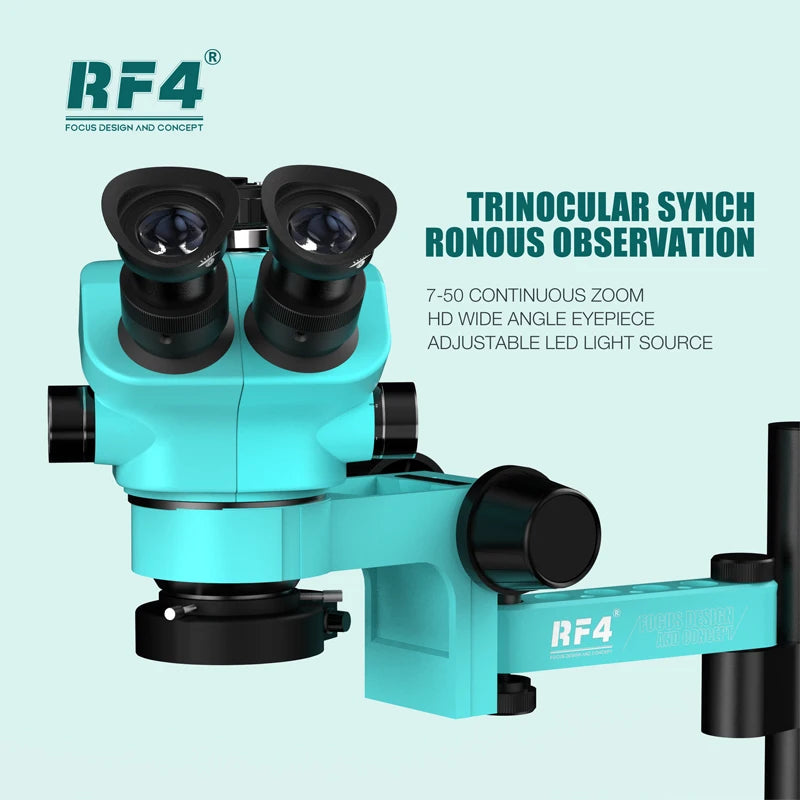 RF4 Trinocular Stereo Microscope Set – 360° Rotation Articulating Arm Stand, Phone Soldering & PCB Repair, Model RF7050TVPRO-F019