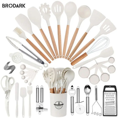 44pcs Premium Silicone Kitchen Utensil Set – Wooden Handles with Knife, Heat-Resistant Non-Stick Cooking Tools