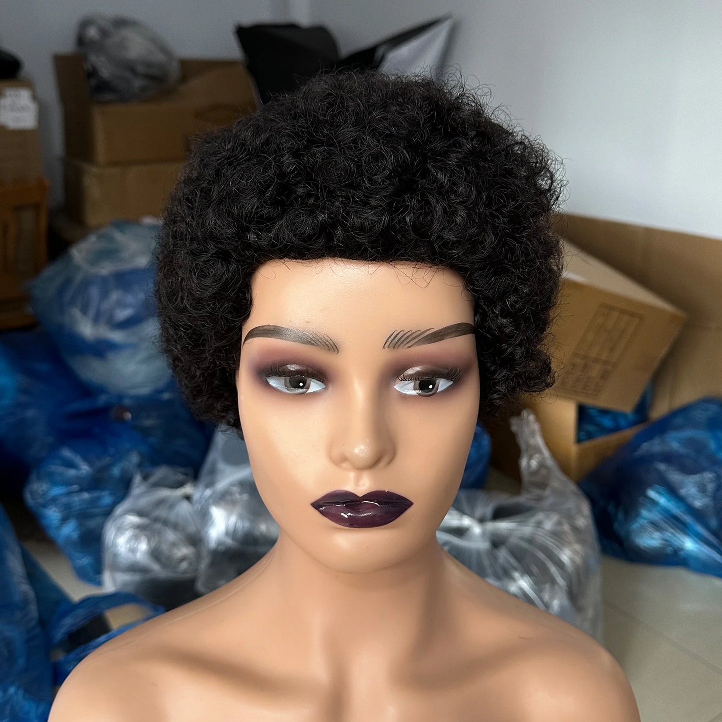 Brazilian Short Pixie Cut Wig - Human Hair Afro Kinky Curly Full Machine-Made Wig for Women