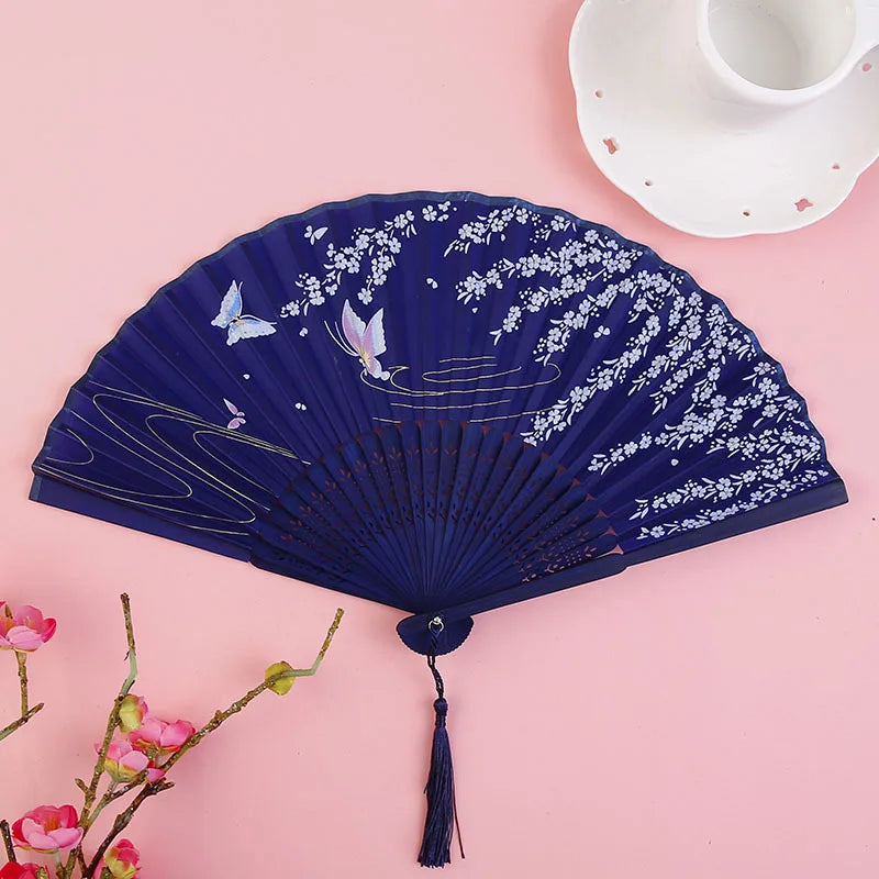 Bamboo Folding Fan with Silk — Chinese & Japanese Style Handheld Fan, Antique Art Craft for Summer Dance, Home Decor & Party