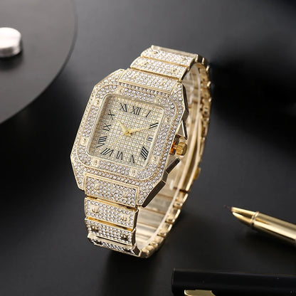 Luxury Men’s Square Quartz Watch - Steel Strap Roman Numeral Rhinestone Business Wristwatch for Casual Style