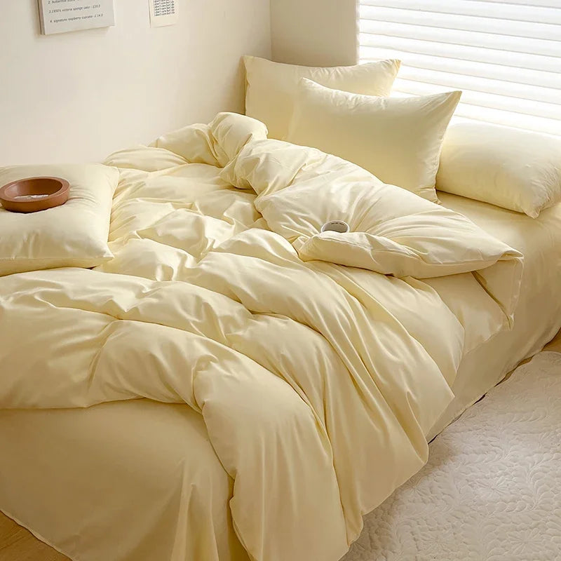 Solid Cotton Bedding Set - Sheet, Duvet Cover & Pillowcase, Single/Double/Twin/King/Queen Size