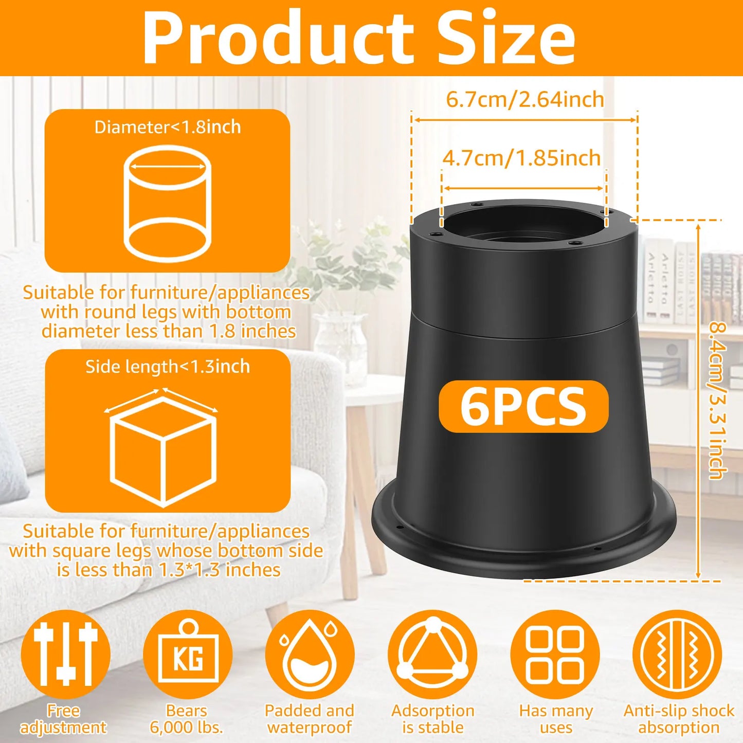 4/6Pcs Heavy Duty Furniture Risers | Round Rubber Sofa, Table, Bed, & Chair Supports Up to 6000 lbs