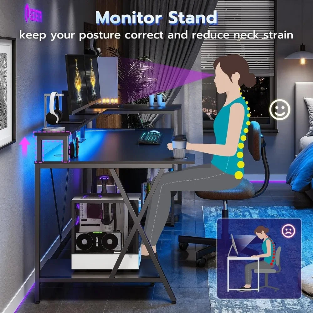 70.8'' Gaming Desk with LED Lights – Computer Desk with Storage Shelves, Monitor Stand, Power Outlets & Cup Holder