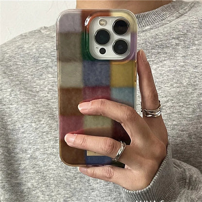 Cute Dopamine Color Block Plaid Clear Case – Checkered Soft Cover for iPhone 16, 15, 14, 13, 12, 11, Pro Max, XS, XR, SE, 7, 8 Plus