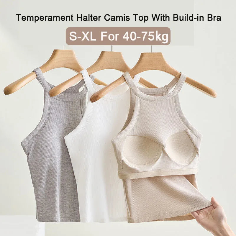Women’s Threaded Halter Neck Camisole Top – Built-in Bra Slim Fit Elastic Breathable Sling Tank Top with Fixed Cups Underwear Style Basic Wear