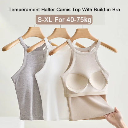 Women’s Threaded Halter Neck Camisole Top – Built-in Bra Slim Fit Elastic Breathable Sling Tank Top with Fixed Cups Underwear Style Basic Wear