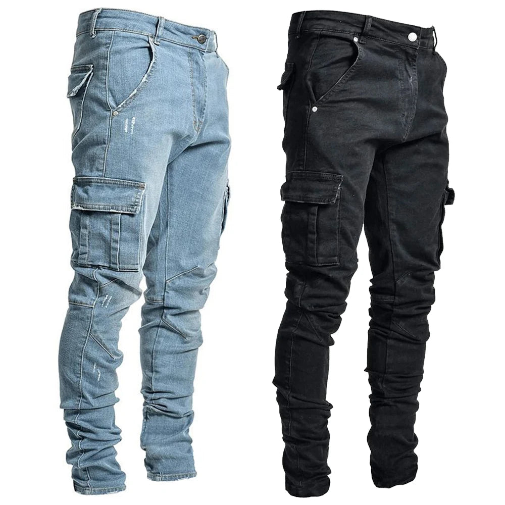 Men's Elastic Denim Cargo Pants - Casual Mid-Waist Jeans with Multi Pockets, Slim Fit Daily Wear Joggers in Solid Color