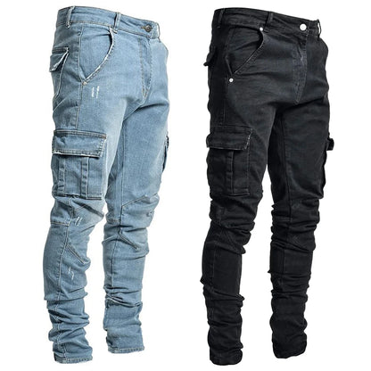 Men's Elastic Denim Cargo Pants - Casual Mid-Waist Jeans with Multi Pockets, Slim Fit Daily Wear Joggers in Solid Color