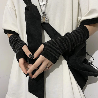Black Punk Long Fingerless Gloves - Stretchy Elbow Mittens for Men and Women, Cool Winter Arm Warmers for Outdoor Hip-Hop Style