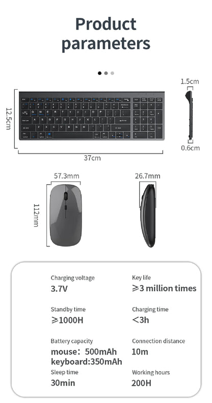 Gray Bluetooth 5.0 & 2.4G Wireless Keyboard and Mouse Combo – Rechargeable Full-Size Set for Notebook & Laptop