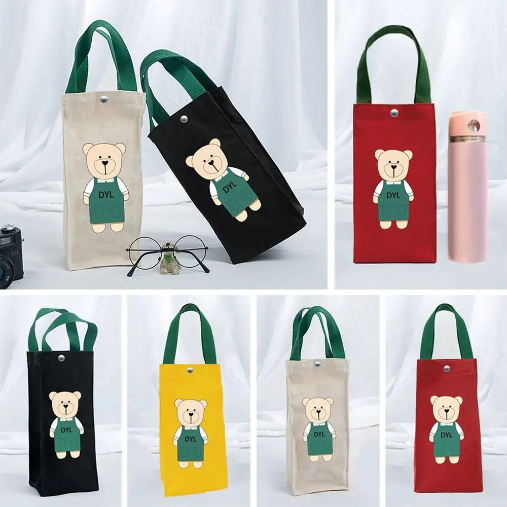 Cute Bear Portable Water Bottle Bag – Insulated Cup Cover Holder, Canvas Hand Carry Storage Bag for Camping & Travel Bottles