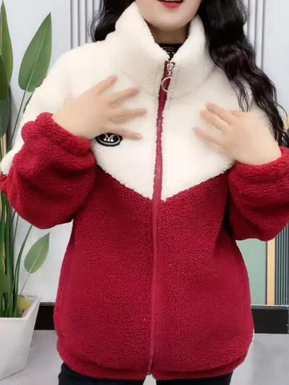 Women’s Colored Thickened Lamb Fleece Jacket — Long Sleeve Mid-Length Quilted Overcoat for Autumn & Winter