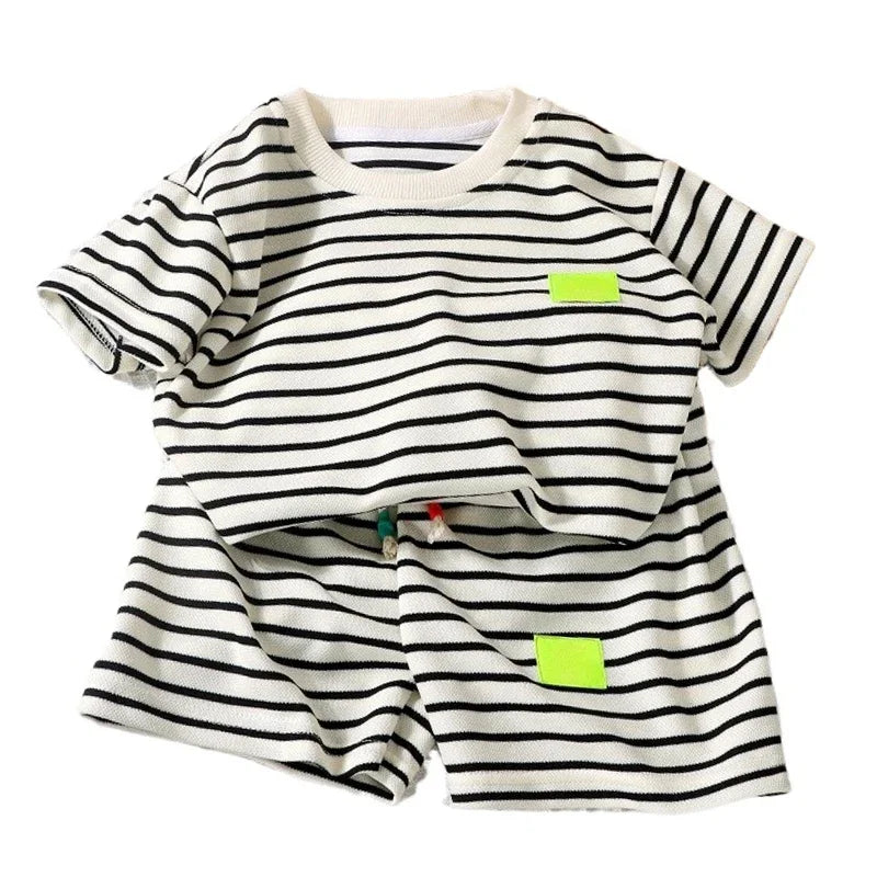 2PCS Kids Summer Outfit – Cotton Short Sleeve Tee & Shorts Set for Boys, Black & White Stripe