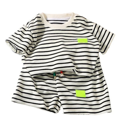 2PCS Kids Summer Outfit – Cotton Short Sleeve Tee & Shorts Set for Boys, Black & White Stripe