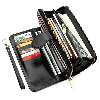 Bright Wax Leather Long Wallet – Multi-Card Holder with Wristband & Card Pouch