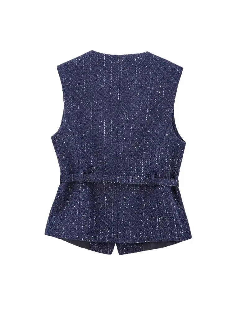 TRZA Women’s Tweed Waistcoat — Sleeveless O-Neck Top with Belt & Front Buttons, Chic Fashion Outerwear