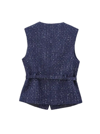 TRZA Women’s Tweed Waistcoat — Sleeveless O-Neck Top with Belt & Front Buttons, Chic Fashion Outerwear