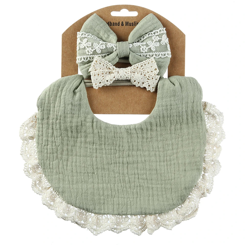 3PCS Baby Bib Set – Solid Muslin Cotton & Bamboo Feeding Drool Burp Cloth with Tassel Lace, Adjustable Infant Scarf for Boys & Girls