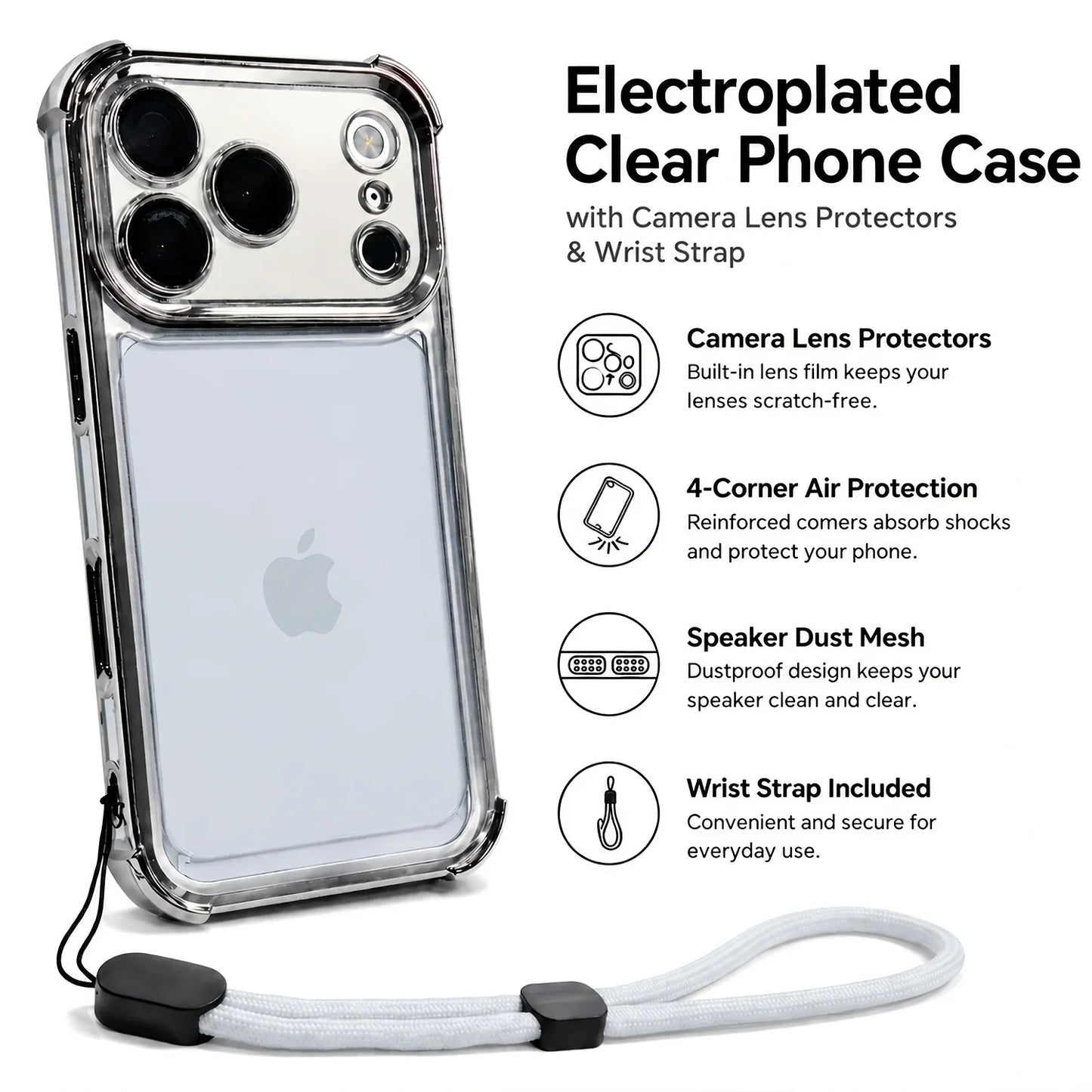 Luxury Clear Shockproof iPhone Case - Wrist Strap, Lens Protector & Protective Cover