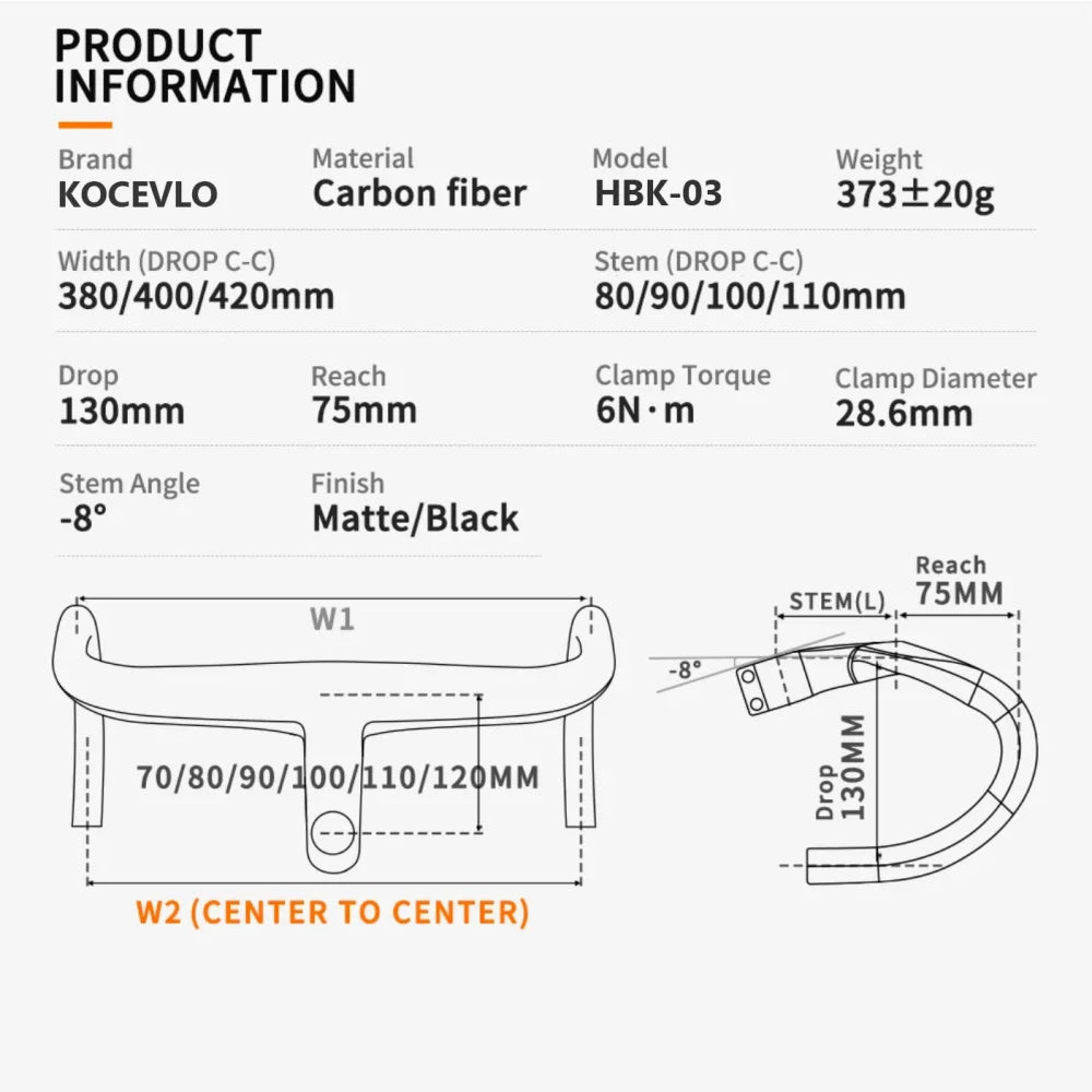 KOCEVLO T800 Carbon Road Bike Handlebar - Integrated 28.6mm Internal Cable Routing Drop Bar