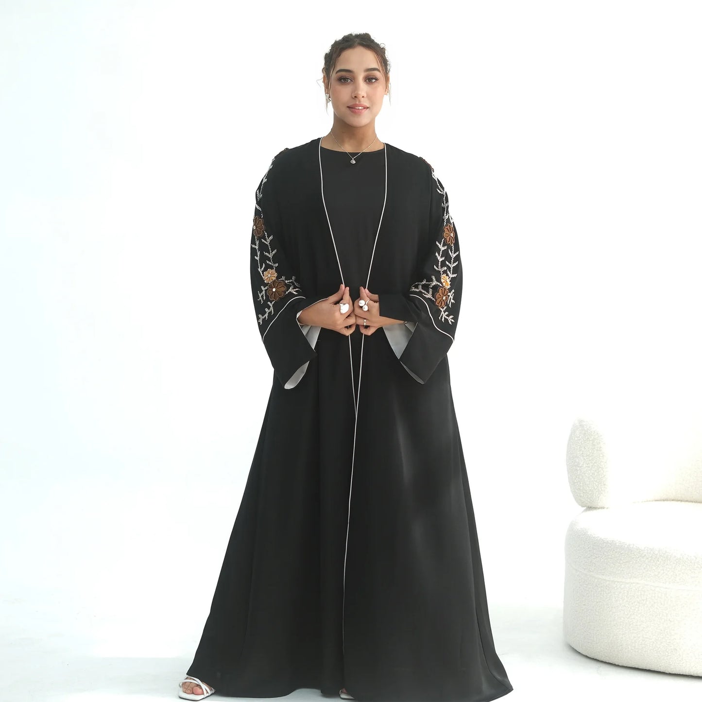 Women’s Eid 2026 Embroidered Beaded Abaya – Dubai Open Cardigan Jalabiya Long Muslim Kaftan Ramadan Party Robe