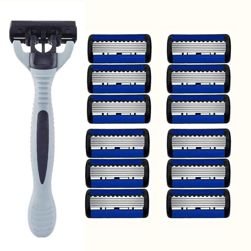 Men’s Manual Safety Razor – 6-Layer Stainless Steel Hair Removal Knife with Replaceable Heads and Razor Tools