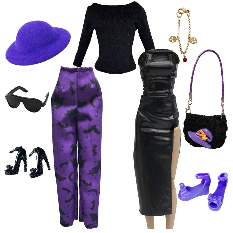 1/6 Doll Halloween Cosplay Outfit – Witch Dress, Cap, Belt, Bag & Broom for 12" BJD / 30cm Dolls