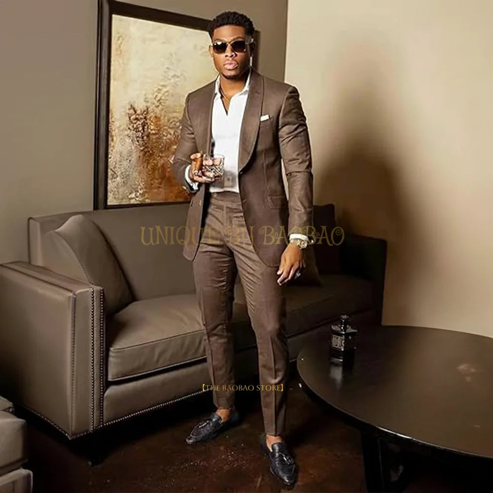 Men's Brown 2 Piece Suit - Shawl Collar Single Breasted Tuxedo Blazer & Pants Set For Wedding, Business & Formal Events